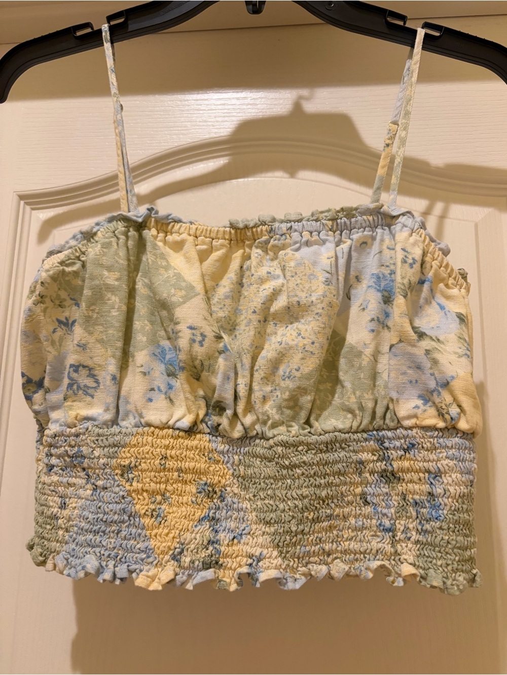 American Eagle Pastel Yellow & Light Blue Floral Smocked Cropped Cami